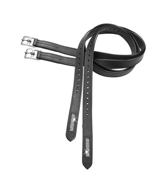BUSSE Stirrup leathers BRILLIANCE 130cm / Black/Stainless Steel_Crystal - Eqclusive 